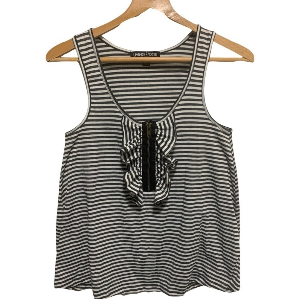 Living Doll Striped Tank Top Womens Large Gray White Ruffle Indie Sleeze Edgy